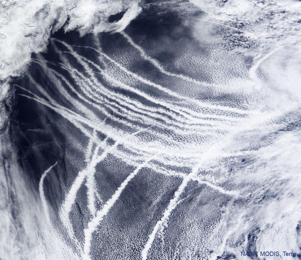 Ship tracks across the Pacific Ocean caused by container ships.